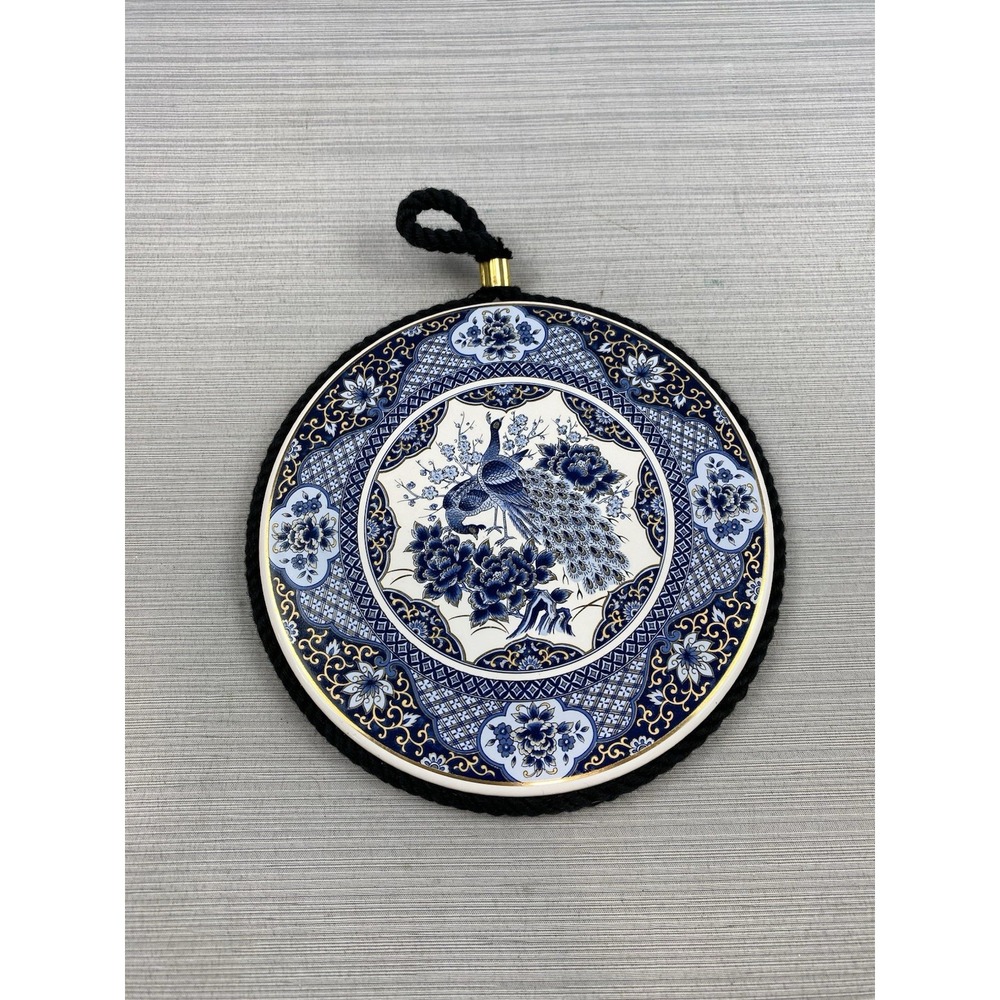 Vintage 6" Round Ceramic Tile Blue White Peacock Cork Back Rope Edge Trivet